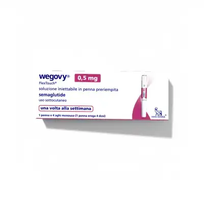 A box of WEGOVY® FLEXTOUCH® 0.5mg (Italian), for once-weekly subcutaneous injection, with mostly white packaging featuring blue and pink text and graphics.