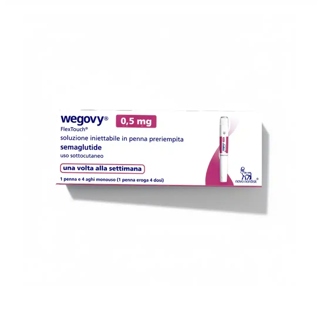 A box of WEGOVY® FLEXTOUCH® 0.5mg (Italian), for once-weekly subcutaneous injection, with mostly white packaging featuring blue and pink text and graphics.