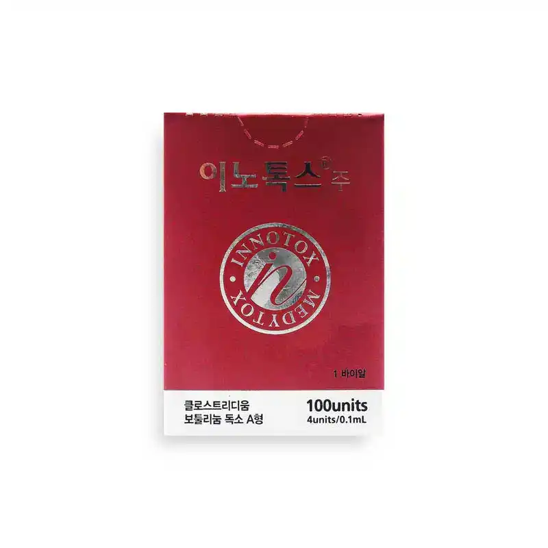 A red box labeled "INNOTOX® 100u" with silver and white text, Korean characters at the top, states "100 units, 4 units/0.1 mL," and features a circular logo in the center.