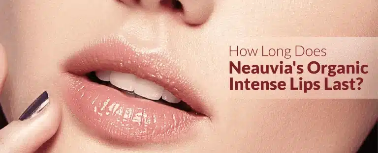 Close-up image of glossy lips with text overlay that reads: "How Long Does Neauvia's Organic Intense Lips Last?" on the right side. The lips appear to be well-moisturized and highlighted, giving a shiny and plump appearance.