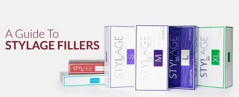 Image showing several boxes of Stylage fillers in different sizes and colors arranged vertically and horizontally. The text on the left reads, "A Guide To Stylage Fillers" in bold red letters on a light gray background.