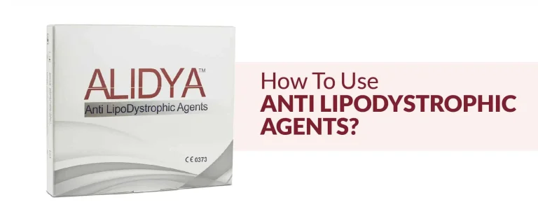A product box labeled "Alidya Anti Lipodystrophic Agents" is on the left side of the image. To the right, there's text that reads, "How To Use ANTI LIPODYSTROPHIC AGENTS?" against a light pink background.