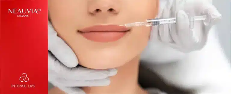 A close-up of a woman's face shows a gloved hand holding a syringe near her lips, suggesting a cosmetic procedure. The background features a red strip with the brand "Neauvia Organics" and the words "Intense Lips.