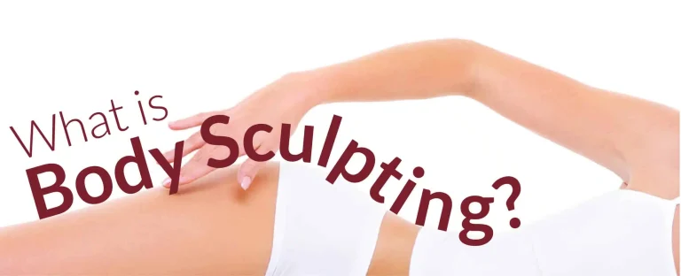 A person wearing white undergarments is lying down against a white background. The words "What is Body Sculpting?" are displayed in large red letters across the image, with a hand resting on the lower back.
