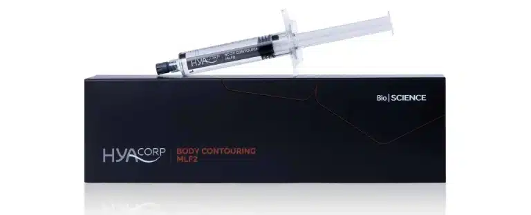 The image features a box labeled "HYACORP Body Contouring MLF2" by Bio SCIENCE with a syringe resting on top. The box is mainly black with white and orange text, and the syringe is clear with black markings and a black plunger.