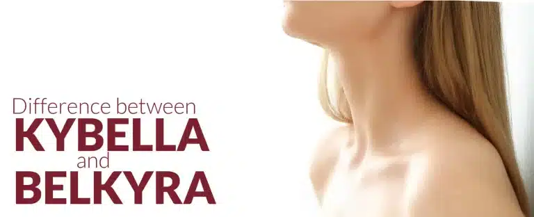 A close-up image of a woman's neck and jawline with long, straight hair flowing down her back. The text on the left side says, "Difference between KYBELLA and BELKYRA" in large, bold letters.