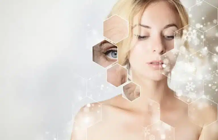 A young woman with blonde hair and bare shoulders is shown on the right side of the image. Hexagonal patterns overlay her face and the background, with one hexagon featuring a close-up of an older person's eye. The background is light with a soft, glowing effect.