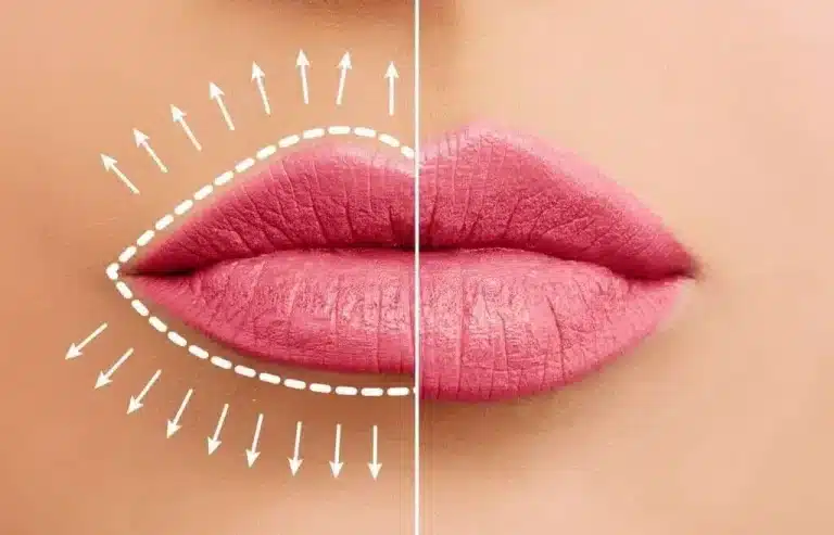 Close-up of lips with lip liner. The image is split down the middle showing two sides. The left side has white arrows and dashed lines highlighting around the lips, while the right side, enhanced with Aqualyx treatment, showcases well-defined lips, emphasizing contrast and makeup application.