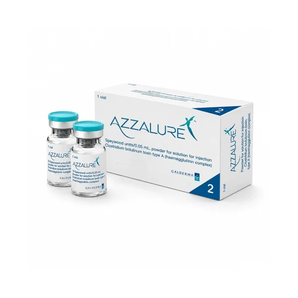 Two small vials with blue caps labeled “AZZALURE®” are placed next to a white and blue AZZALURE® 2 vials box. The packaging indicates it contains 2 vials of botulinum toxin type A for injection.