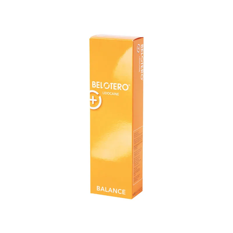 A minimalistic upright orange box labeled "BELOTERO® BALANCE with Lidocaine," displaying a white circular logo, is set against a plain white background.