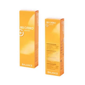 Two orange rectangular boxes labeled "BELOTERO® BALANCE with Lidocaine" featuring white text and a circular logo, displayed from front and side angles against a white background.
