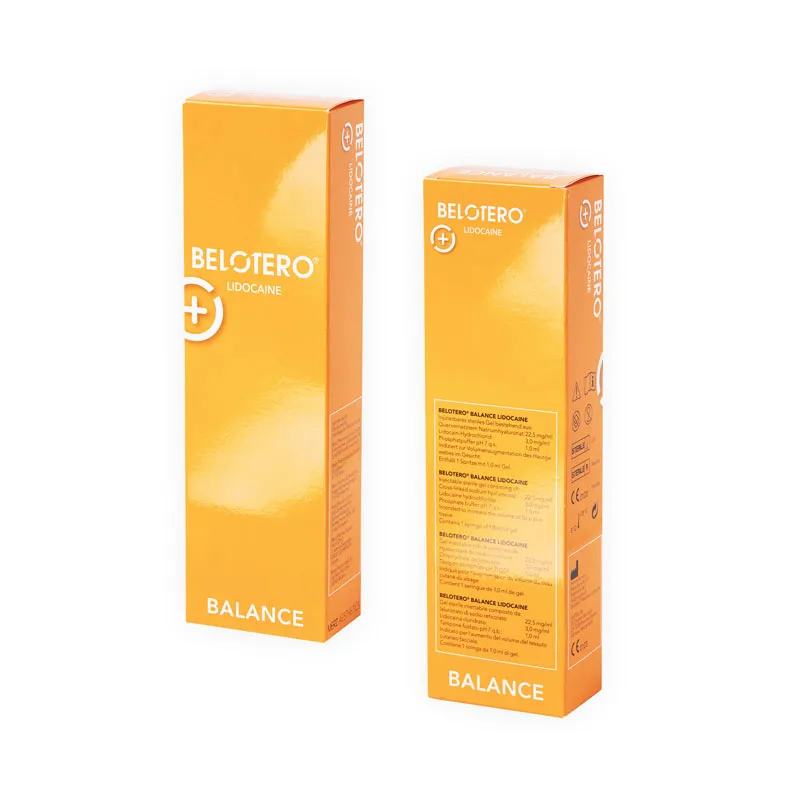 Two orange rectangular boxes labeled "BELOTERO® BALANCE with Lidocaine" featuring white text and a