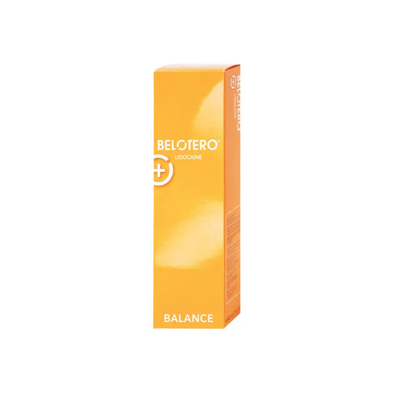 A tall, rectangular orange box labeled "BELOTERO® BALANCE with Lidocaine" stands upright against a