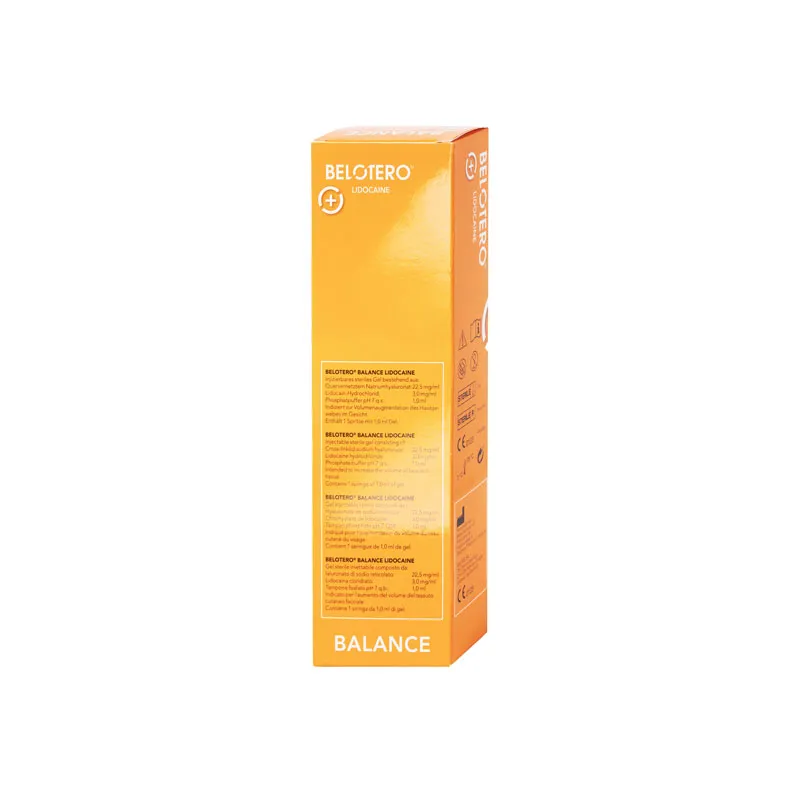 A tall, rectangular orange box labeled "BELOTERO® BALANCE with Lidocaine" stands upright against a