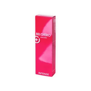 A bright pink rectangular box labeled "BELOTERO® INTENSE with Lidocaine" stands upright on a white background.