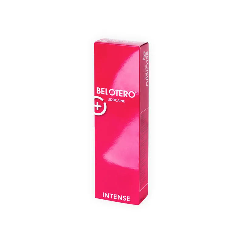 A bright pink rectangular box labeled "BELOTERO® INTENSE with Lidocaine" stands upright on a white