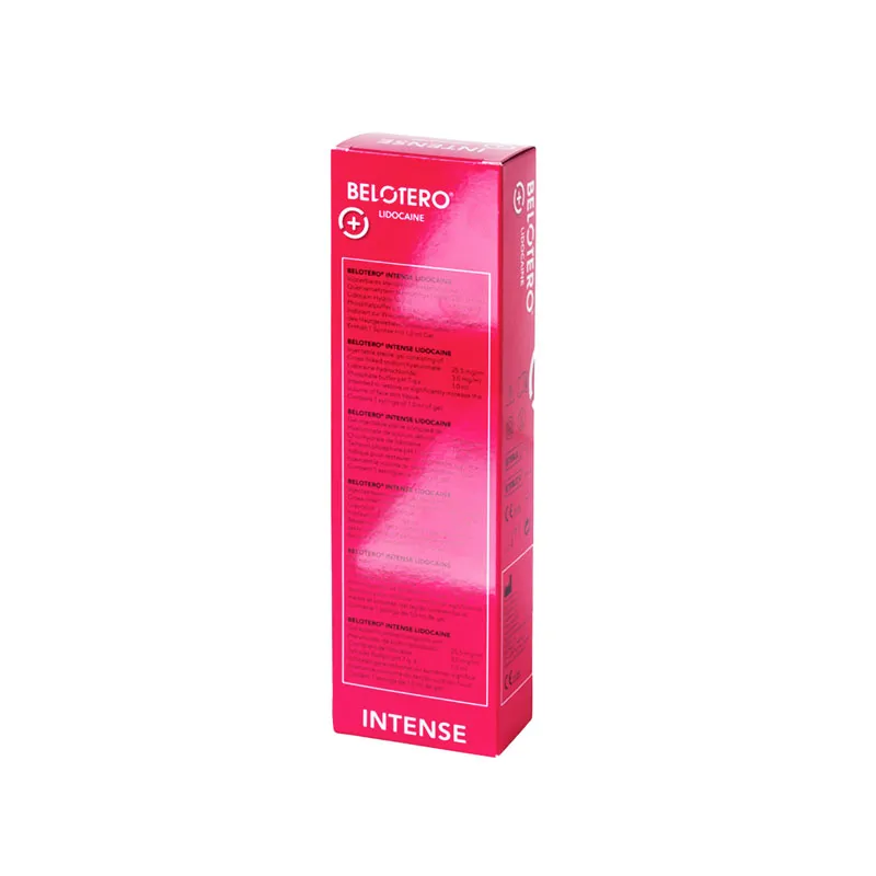 A tall, rectangular, bright pink box labeled "BELOTERO® INTENSE with Lidocaine" in white text
