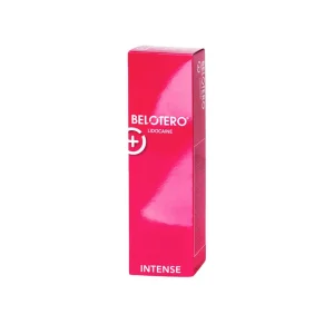 A pink rectangular box labeled "BELOTERO® INTENSE with Lidocaine" stands upright against a white background, featuring white text and a medical cross symbol.