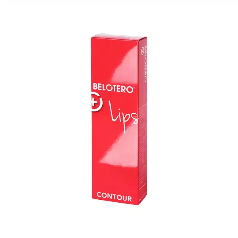 A red rectangular box labeled "BELOTERO® LIPS CONTOUR with Lidocaine" stands upright against a