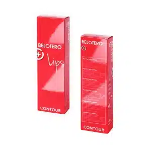 Two red rectangular boxes of BELOTERO® LIPS CONTOUR with Lidocaine are pictured, both displaying the brand and product name in white; one box faces forward, while the other side view reveals more product details.