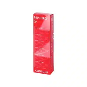 A red rectangular box labeled "BELOTERO® LIPS CONTOUR with Lidocaine" stands upright against a white background, with the brand and product name printed in white text on the box.