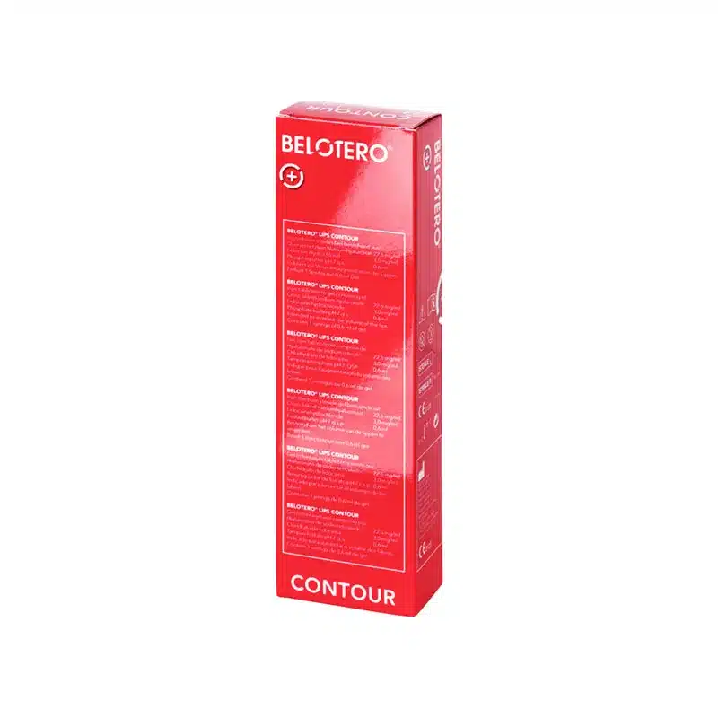 A red rectangular box labeled "BELOTERO® LIPS CONTOUR with Lidocaine" stands upright against a