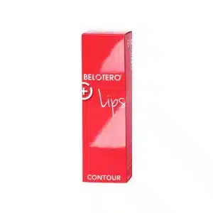 A red rectangular box of BELOTERO® LIPS CONTOUR with Lidocaine stands upright on a white background, displaying the product name in white text and a stylized design.