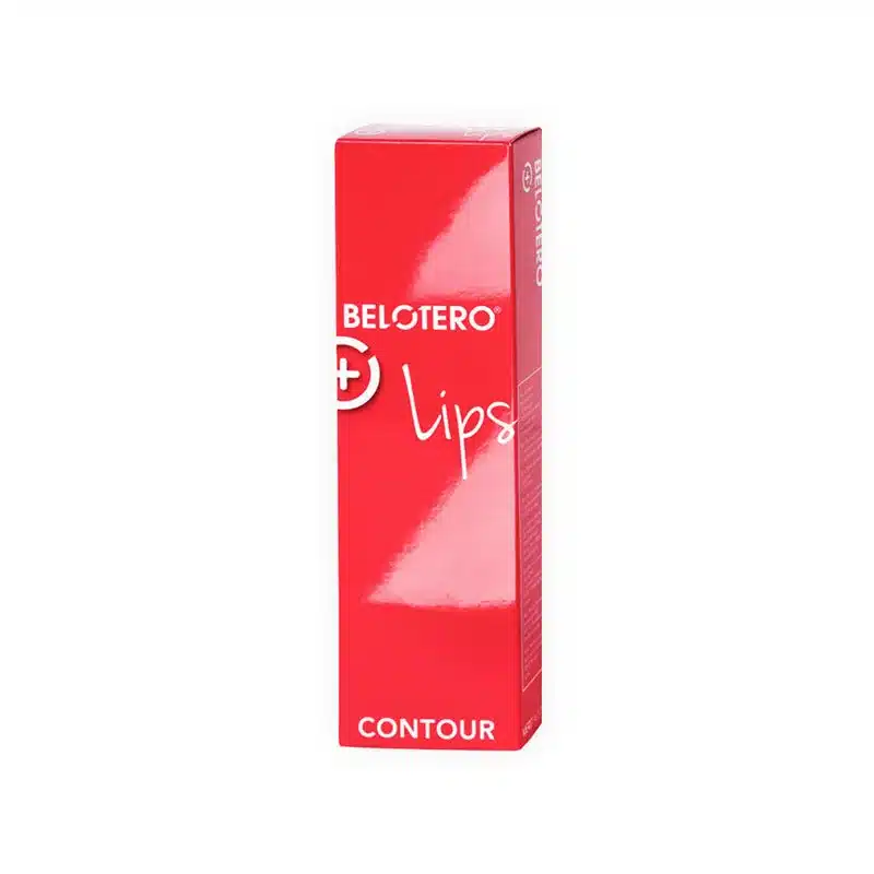 A red rectangular box of BELOTERO® LIPS CONTOUR with Lidocaine stands upright on a white