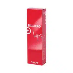 A tall, glossy red box labeled "BELOTERO® LIPS SHAPE with Lidocaine" stands upright, featuring white text and stylized graphics on the front for a professional appearance.