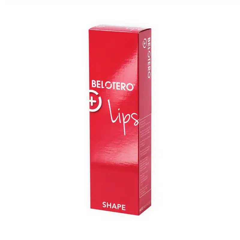 A tall, glossy red box labeled "BELOTERO® LIPS SHAPE with Lidocaine" stands upright, featuring white text and stylized graphics on the front for a professional appearance.