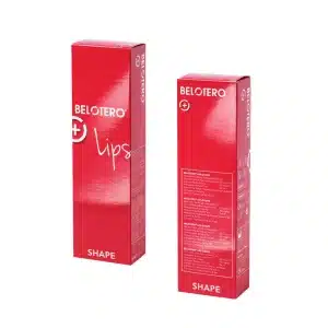 Two red rectangular boxes of BELOTERO® LIPS SHAPE with Lidocaine stand upright, displaying the front and side packaging with white text and logo, designed for lip enhancement.