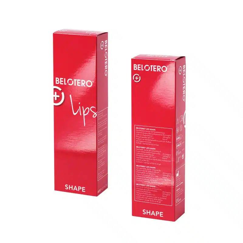 Two red rectangular boxes of BELOTERO® LIPS SHAPE with Lidocaine stand upright, displaying the