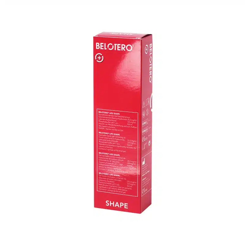 A tall, rectangular red box labeled "BELOTERO® LIPS SHAPE with Lidocaine" in white text and symbols