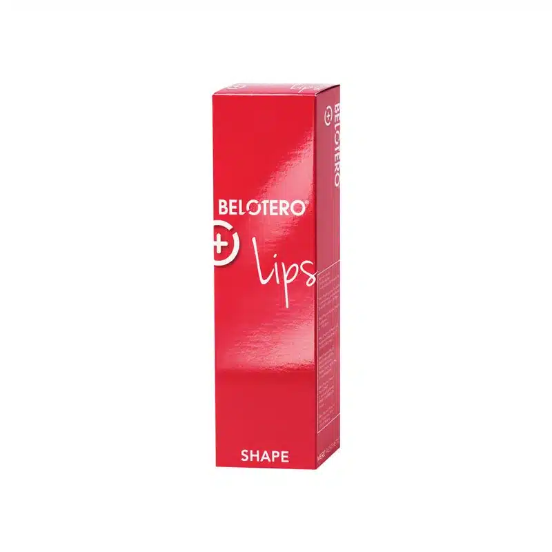 A red rectangular box labeled "BELOTERO® LIPS SHAPE with Lidocaine" stands upright against a white