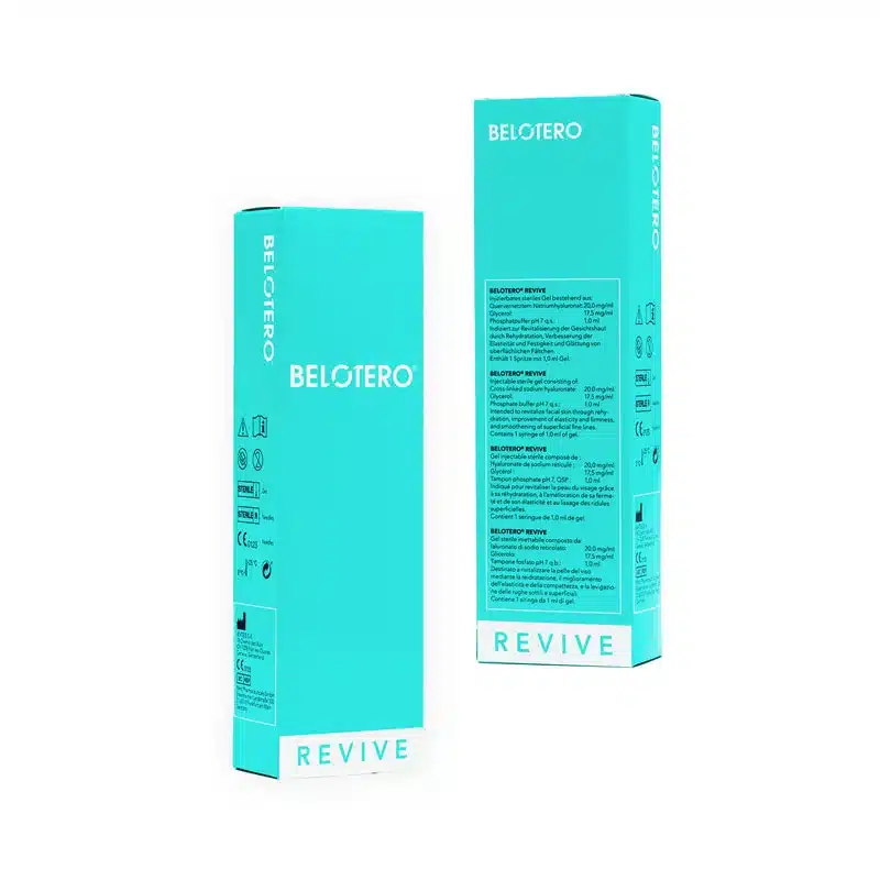 Two turquoise BELOTERO® REVIVE boxes stand upright, displaying front and side views. The packaging has white text, symbols, instructions, and "REVIVE" printed at the bottom of each box.