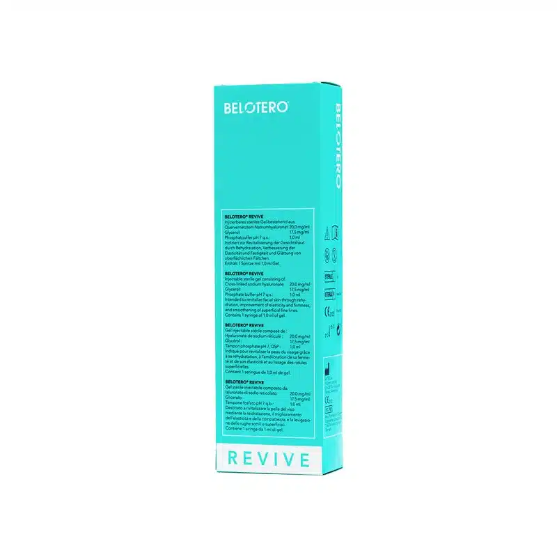 A turquoise upright rectangular box displays "BELOTERO® REVIVE" with product details and black