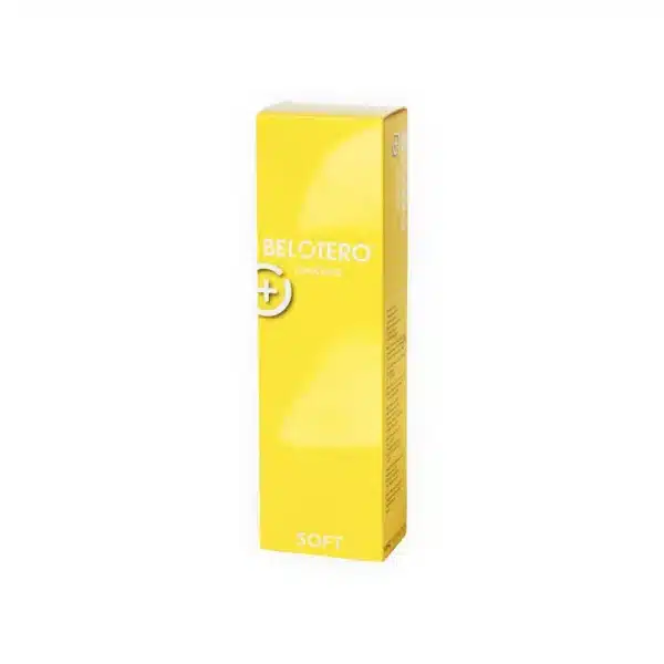 A tall, rectangular yellow box labeled "BELOTERO® SOFT with Lidocaine" stands upright against a plain white background, featuring white and light yellow text.