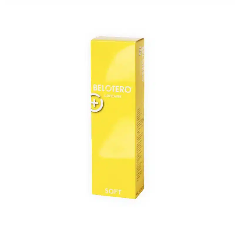 A tall, rectangular yellow box labeled "BELOTERO® SOFT with Lidocaine" stands upright against a plain white background, featuring white and light yellow text.