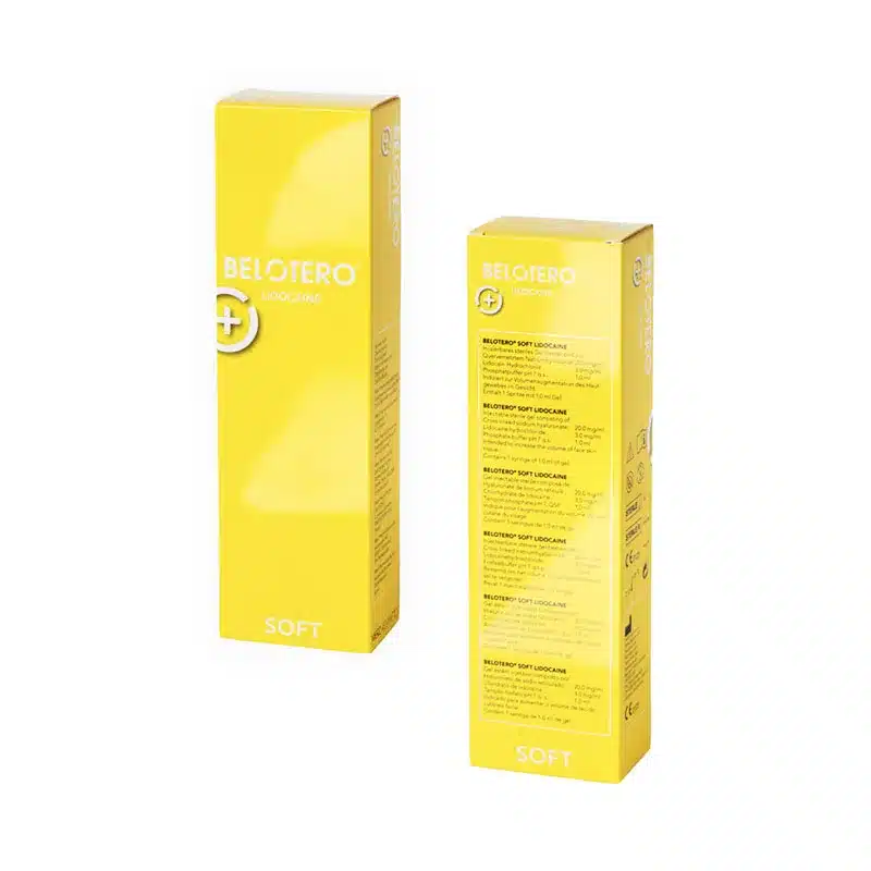 Two yellow rectangular boxes of BELOTERO® SOFT with Lidocaine, displaying white and black text