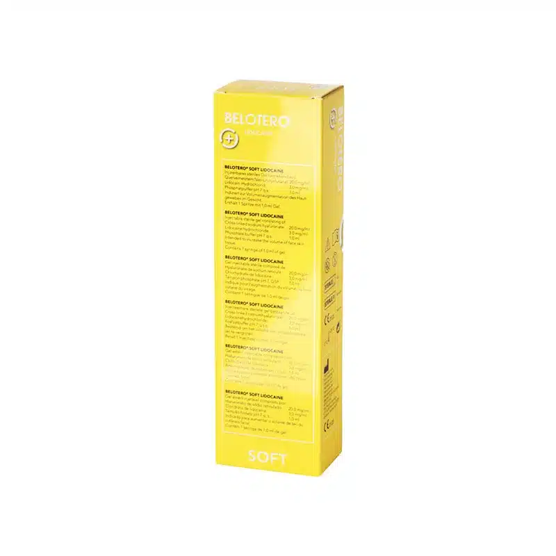 A yellow rectangular box stands upright with "BELOTERO® SOFT with Lidocaine" on the front and