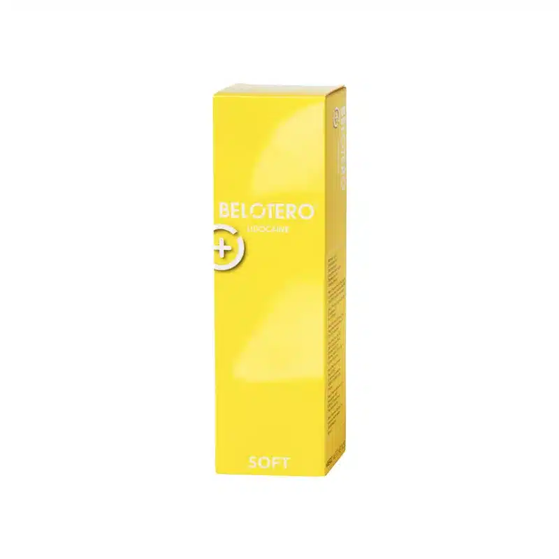 A yellow rectangular box labeled "BELOTERO® SOFT with Lidocaine" stands upright against a white