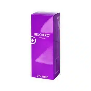 A tall, rectangular purple box labeled "BELOTERO® VOLUME with Lidocaine" featuring white text and a white cross on the front, displayed against a white background.