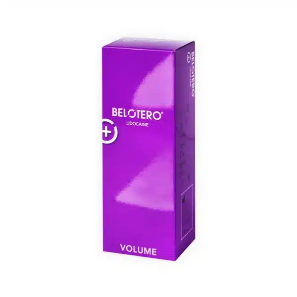 A tall, rectangular purple box labeled "BELOTERO® VOLUME with Lidocaine" featuring white text and a white cross on the front, displayed against a white background.