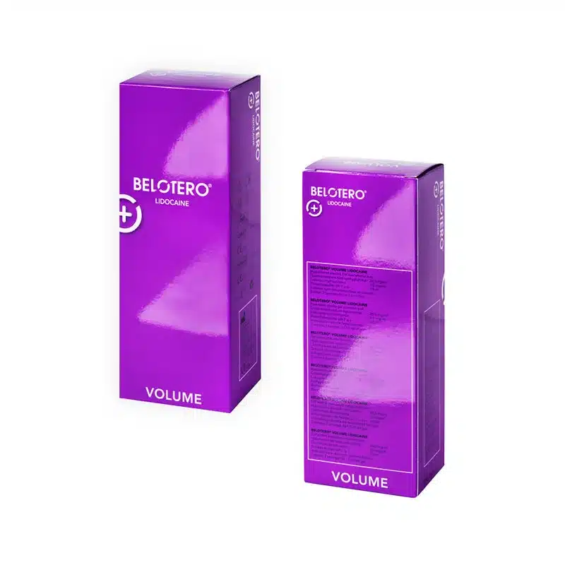 Two purple rectangular boxes of BELOTERO® VOLUME with Lidocaine, shown front and back, display