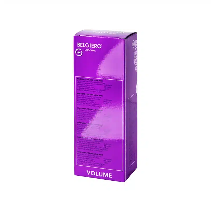A purple rectangular box labeled “BELOTERO® VOLUME with Lidocaine” stands upright against a white