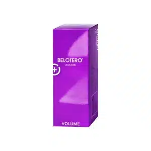 A glossy purple box labeled "BELOTERO® VOLUME with Lidocaine" stands upright on a white background, with the brand name and product details displayed in white text on the front and side.