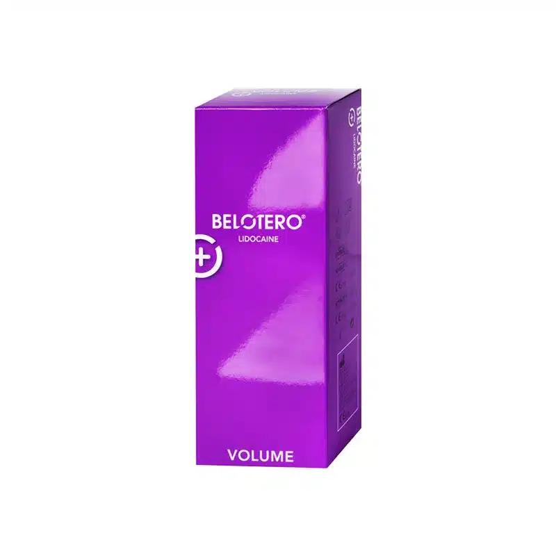 A glossy purple box labeled "BELOTERO® VOLUME with Lidocaine" stands upright on a white background