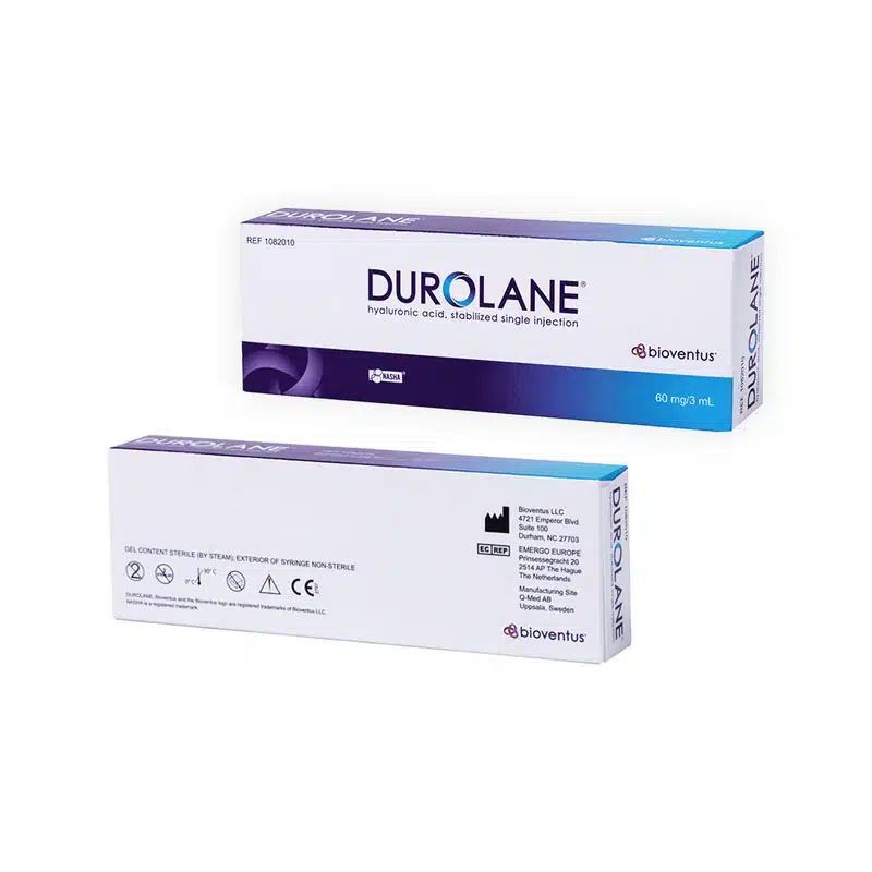 Two boxes of DUROLANE® are depicted, with one showcasing the front view highlighting the product