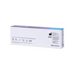 A white rectangular box labeled "DUROLANE®" with purple and blue accents, displaying various symbols and text, including manufacturing details and safety icons. The Bioventus logo is prominently visible in the bottom right corner.