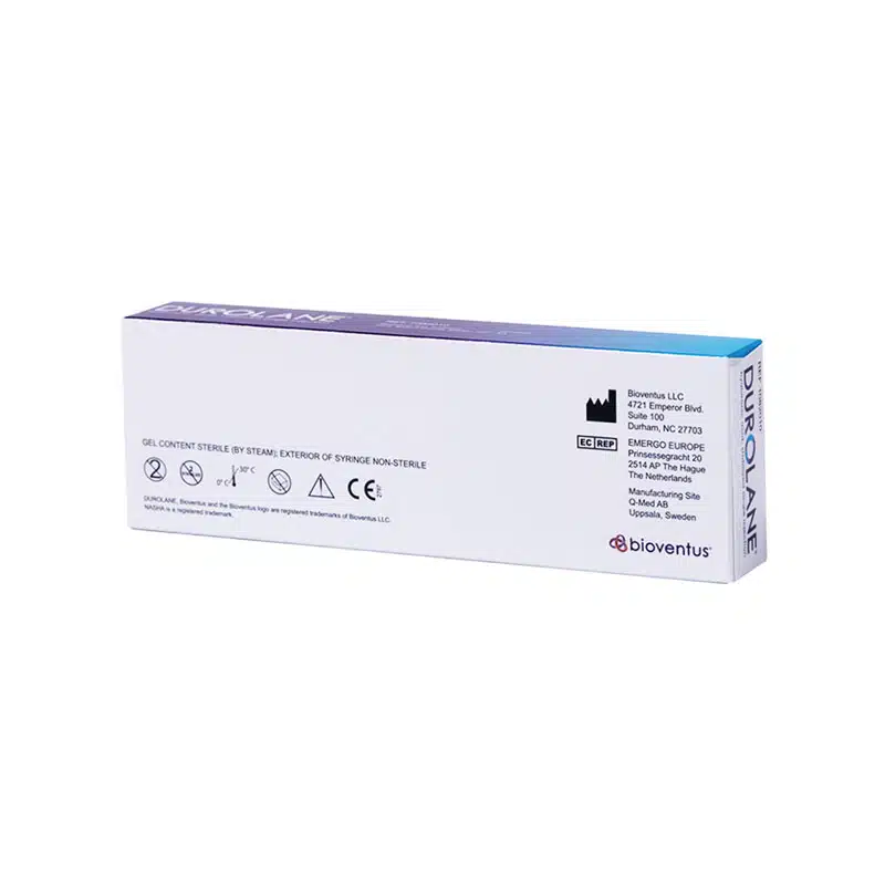 A white rectangular box labeled "DUROLANE®" with purple and blue accents, displaying various